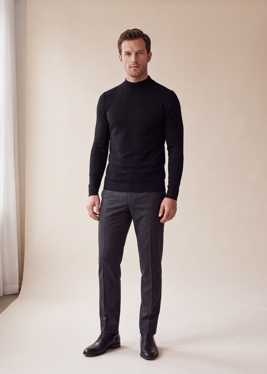 Slim mock neck knit, Black, worn full length in the studio