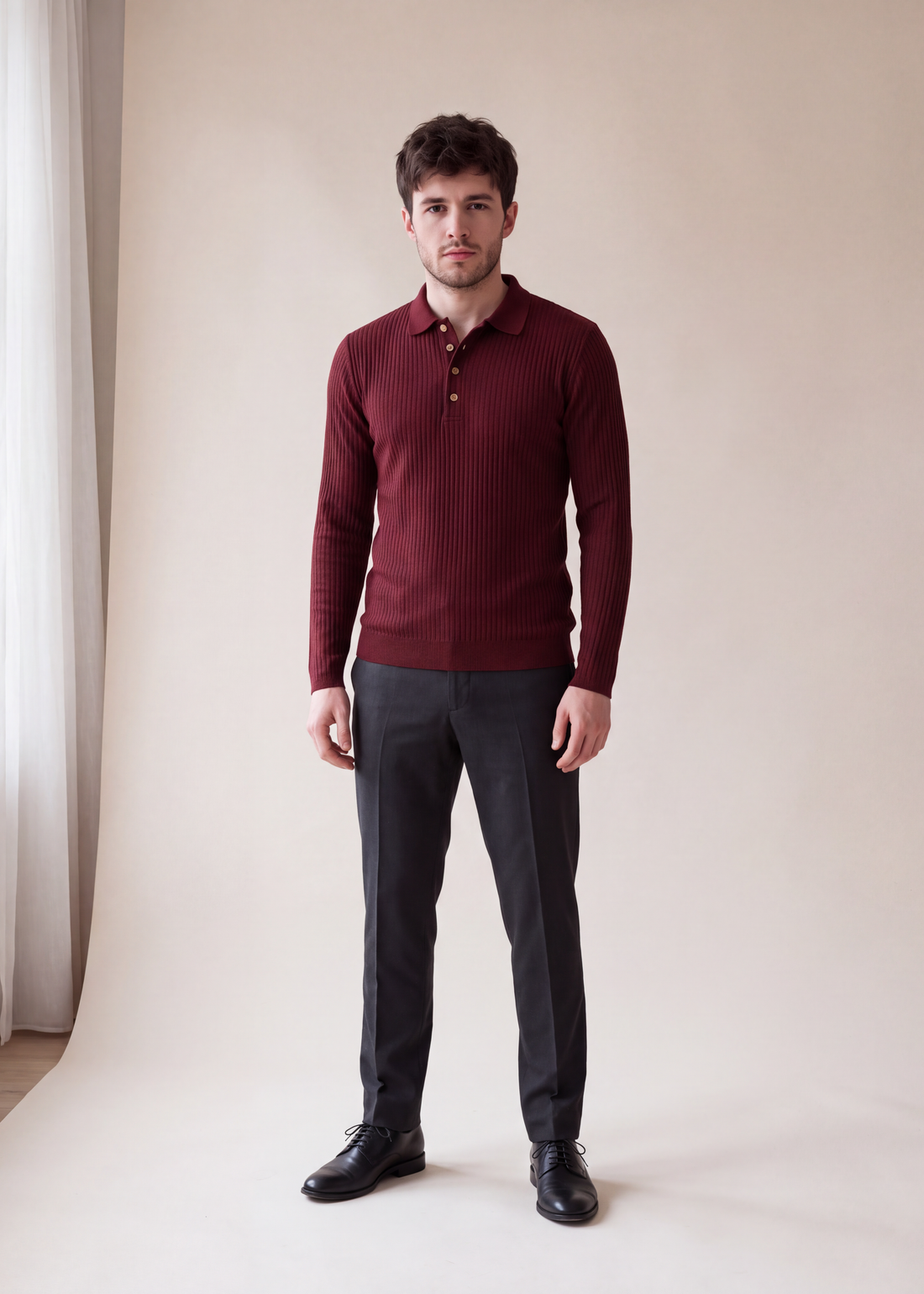 Ribbed knit long sleeve polo, Burgundy, worn full length in the studio