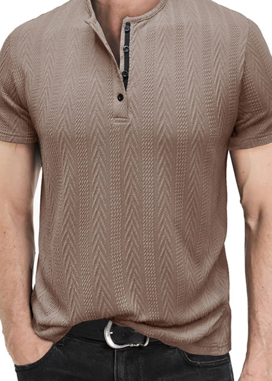 Chevron knit henley, Taupe, front