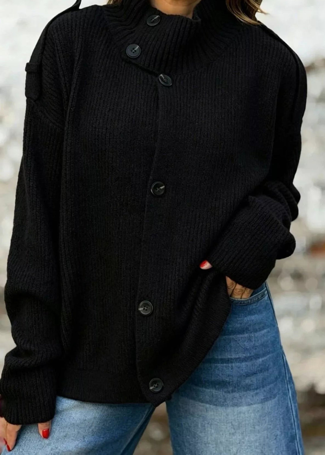 Mock neck button cardigan, Black, front