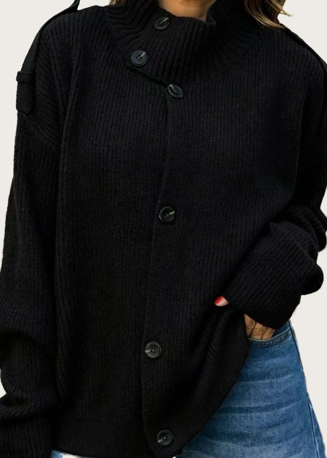 Mock neck button cardigan, Black, front