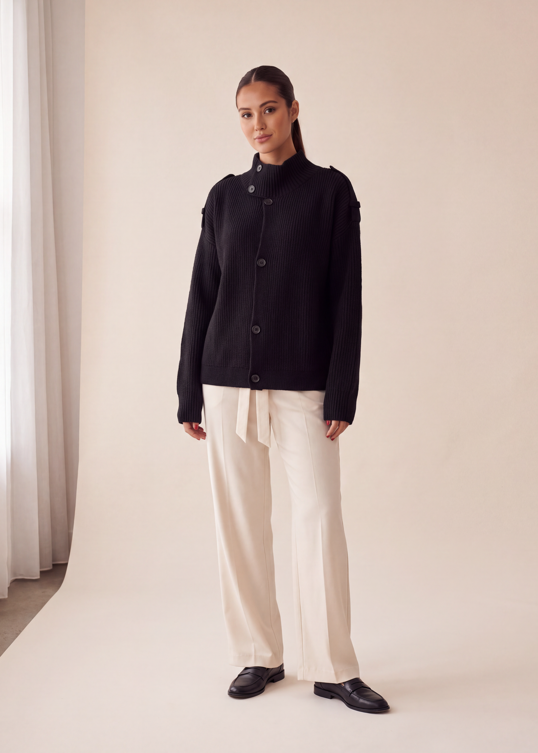 Mock neck button cardigan, Black, worn full length in the studio