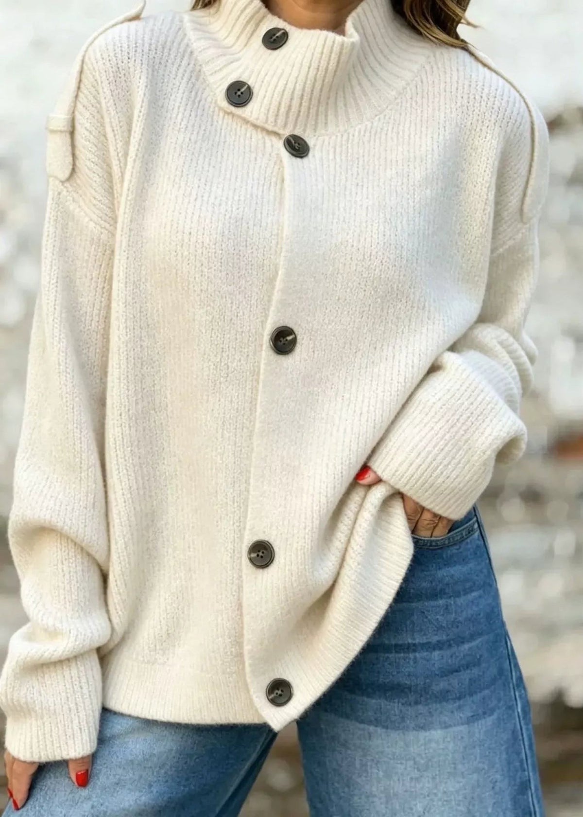Mock neck button cardigan, White, front