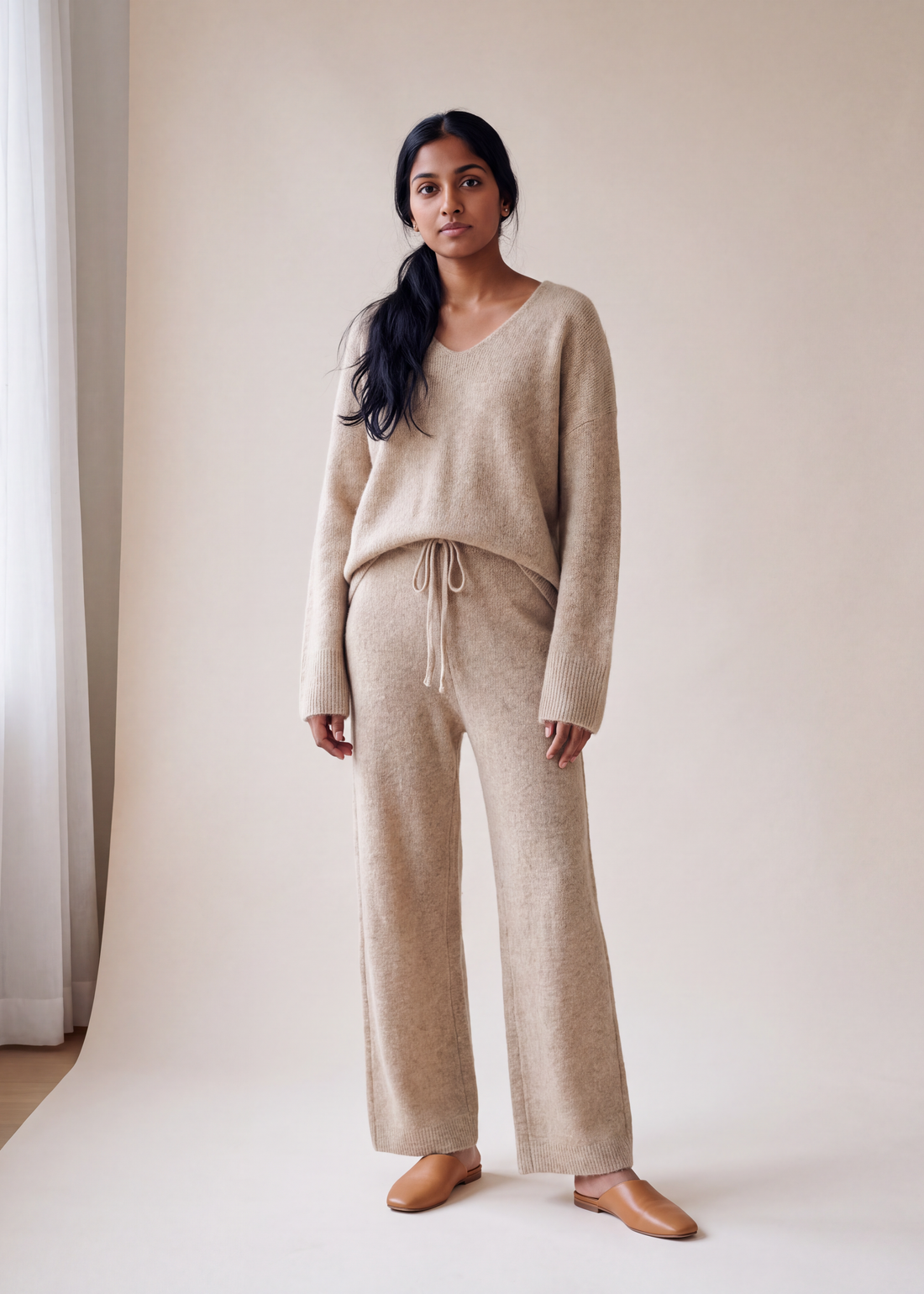 Oat knit two piece set, Beige, worn full length in the studio
