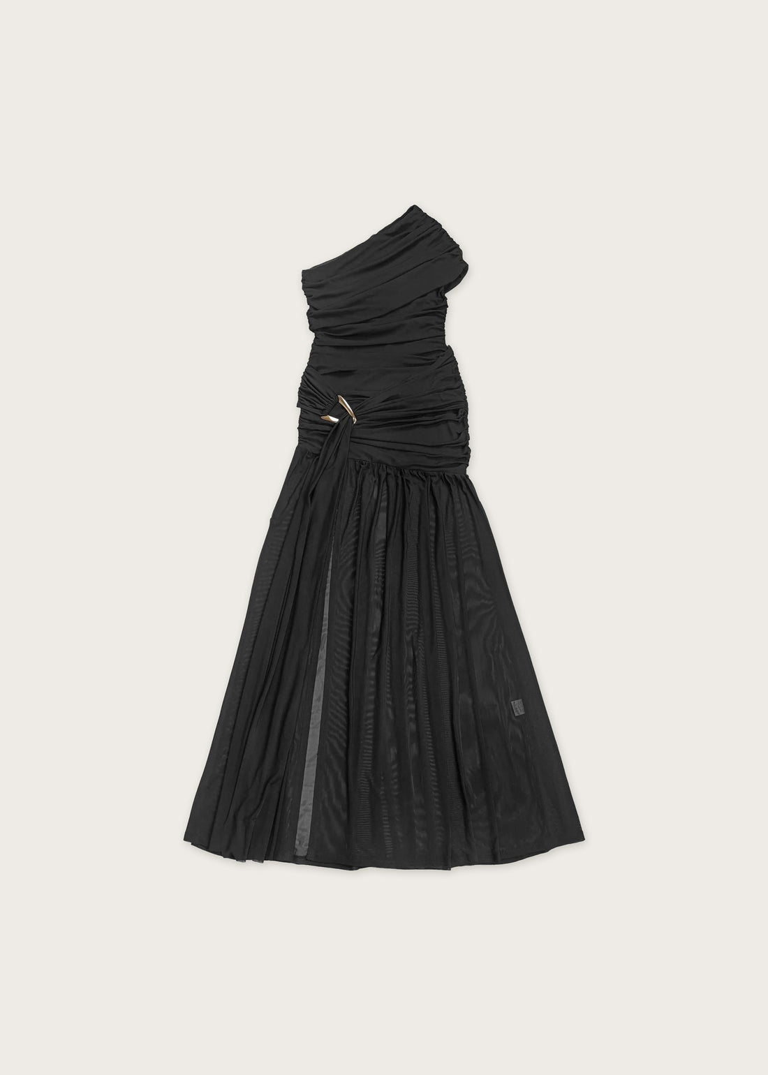 One shoulder ruched evening dress, Black, flat