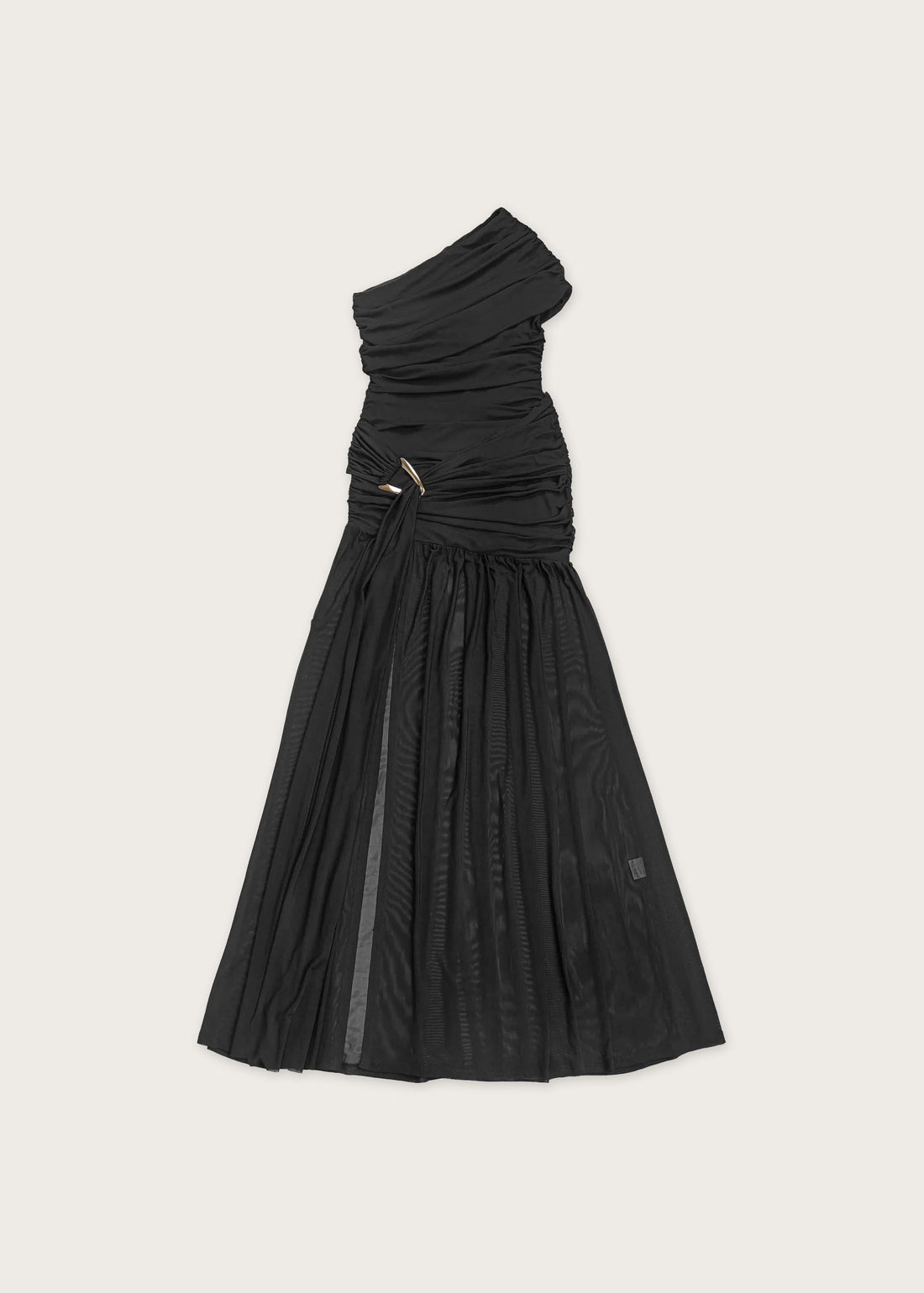 One shoulder ruched evening dress, Black, flat