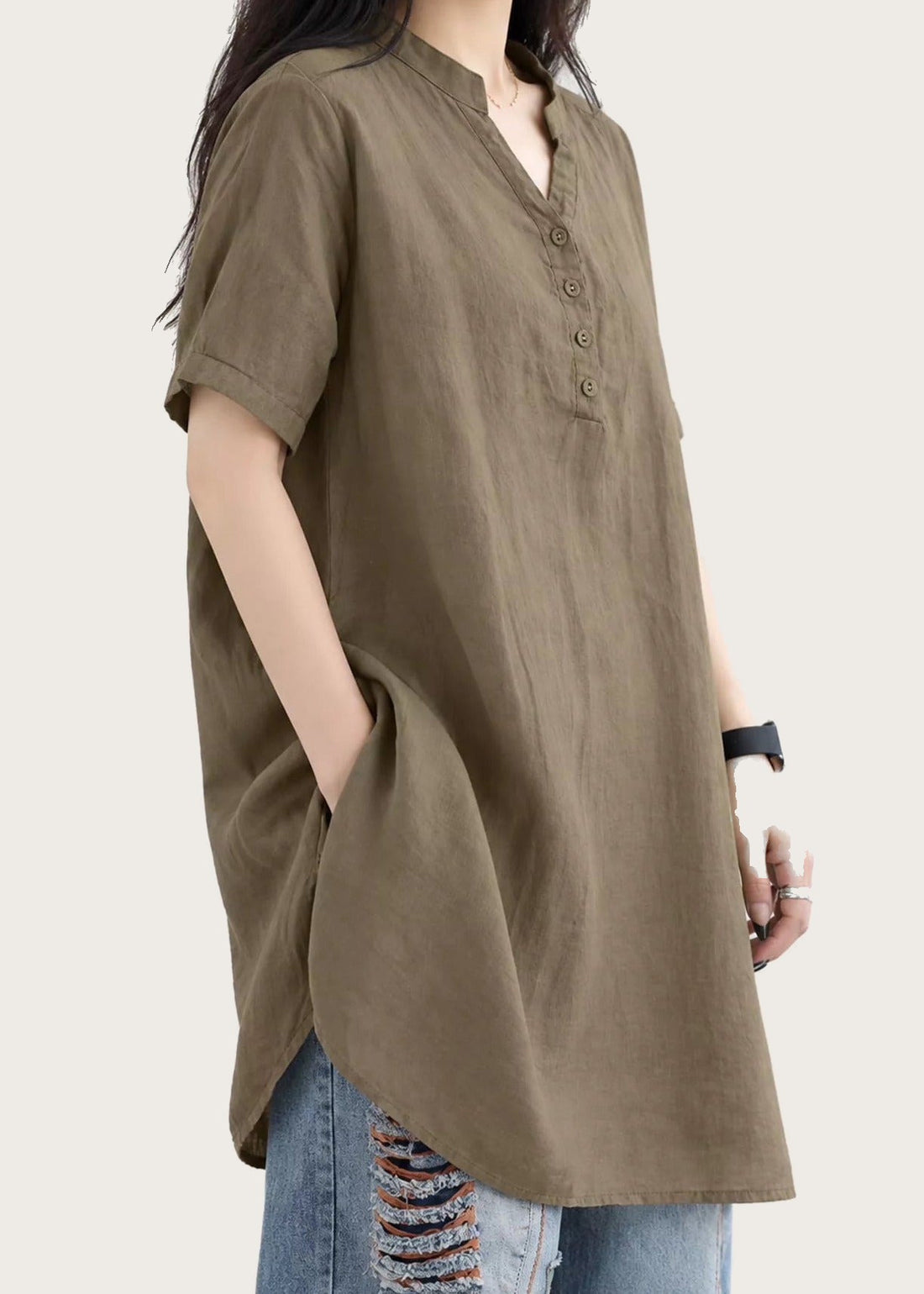 Oversized notched blouse, Khaki, front