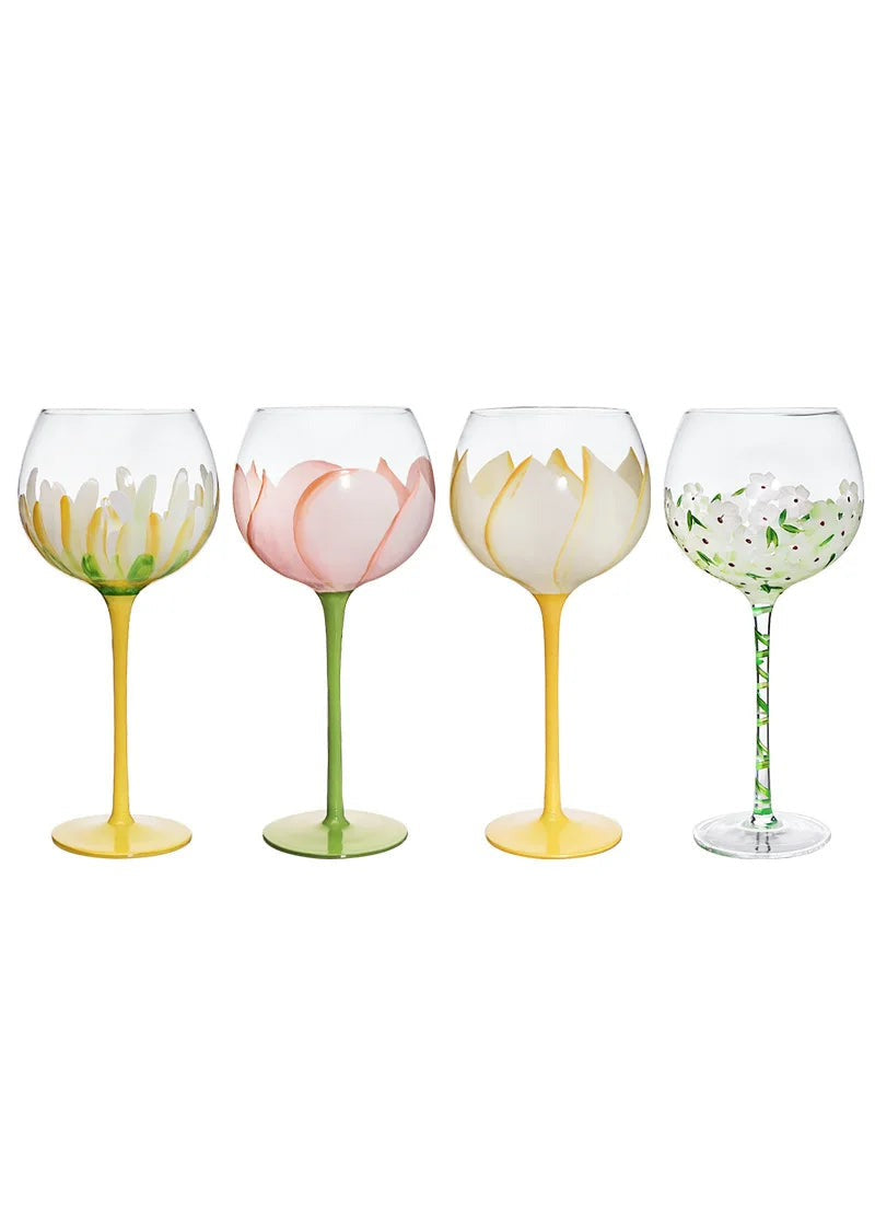 Painted floral wine glass, set of four, front
