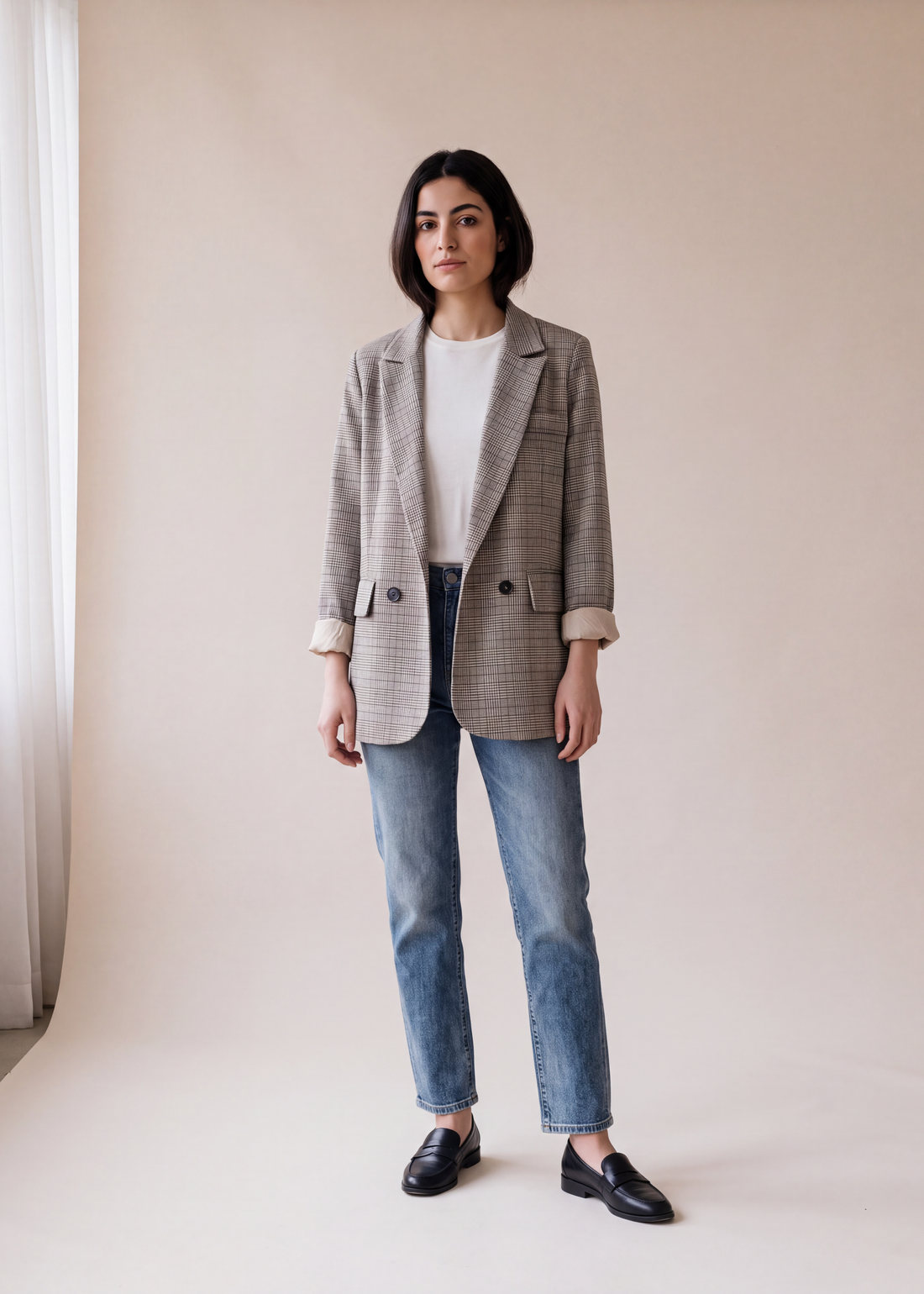 Plaid relaxed blazer, Light brown, worn full length in the studio