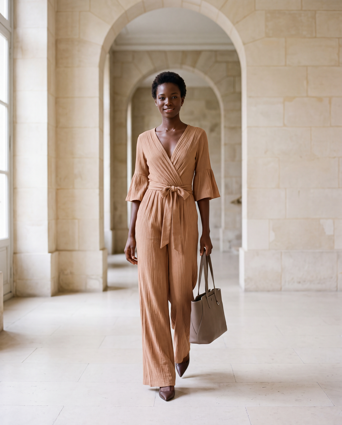 Pleated tie waist jumpsuit