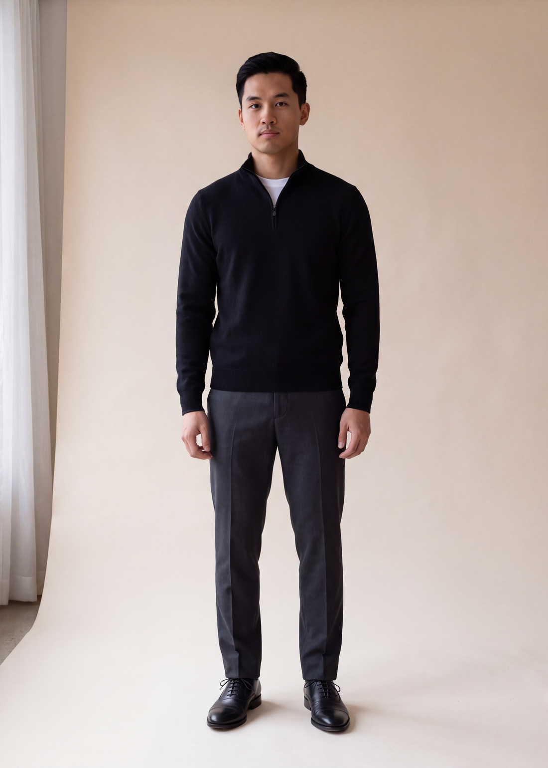 Quarter zip sweater, Black, worn full length in the studio