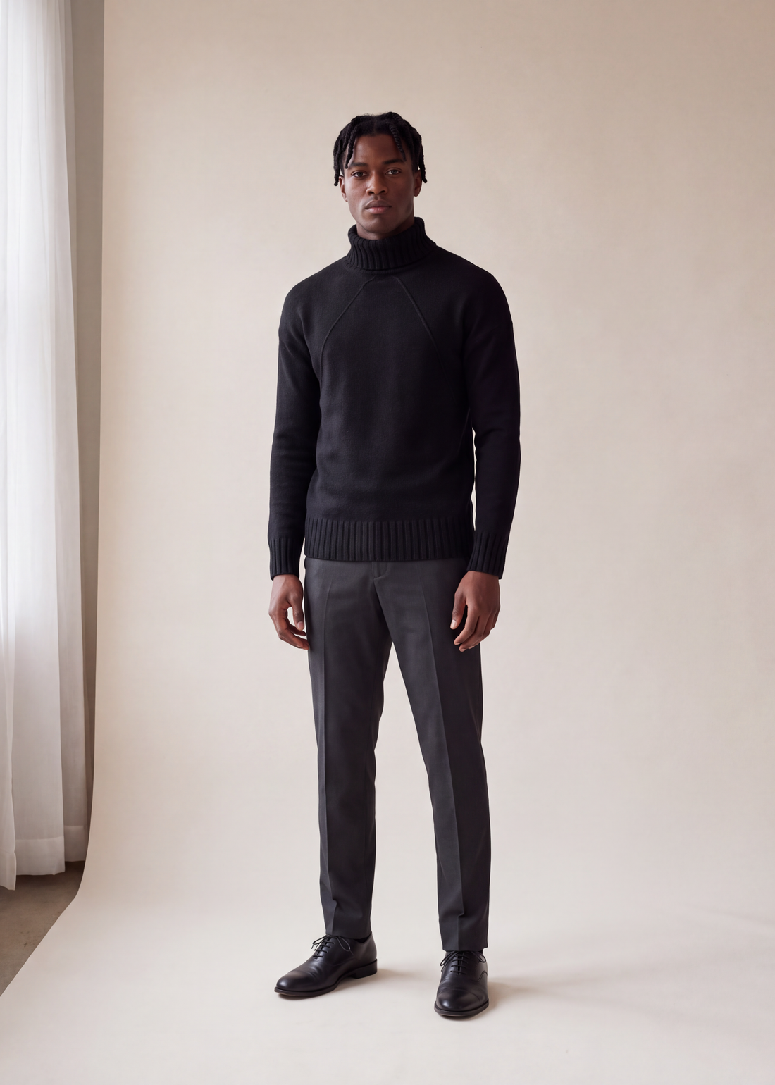 Rib trim turtleneck sweater, Black, worn full length in the studio