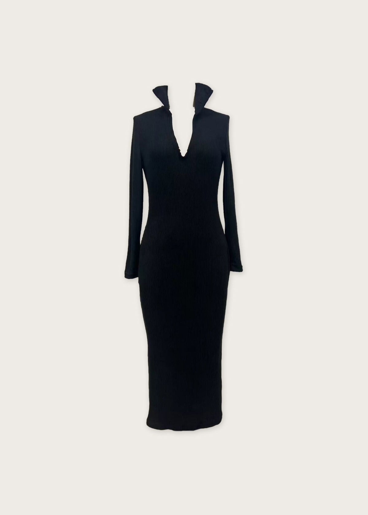 Ribbed V neck sweater dress, Black, front
