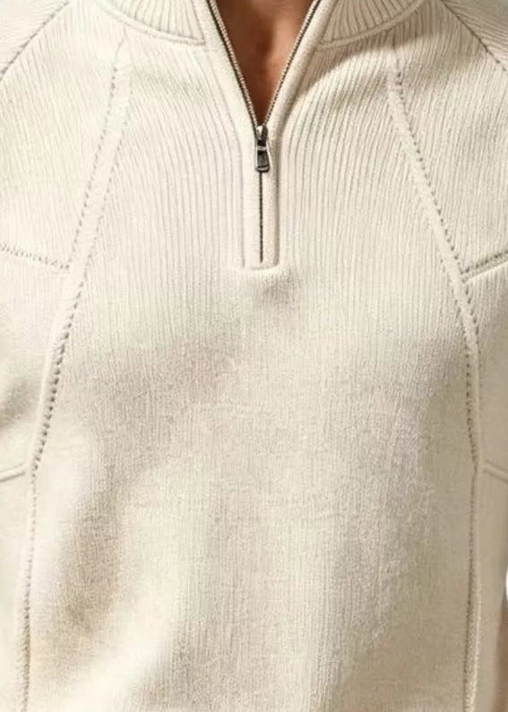 Ribbed quarter zip sweater, Beige, zip collar detail