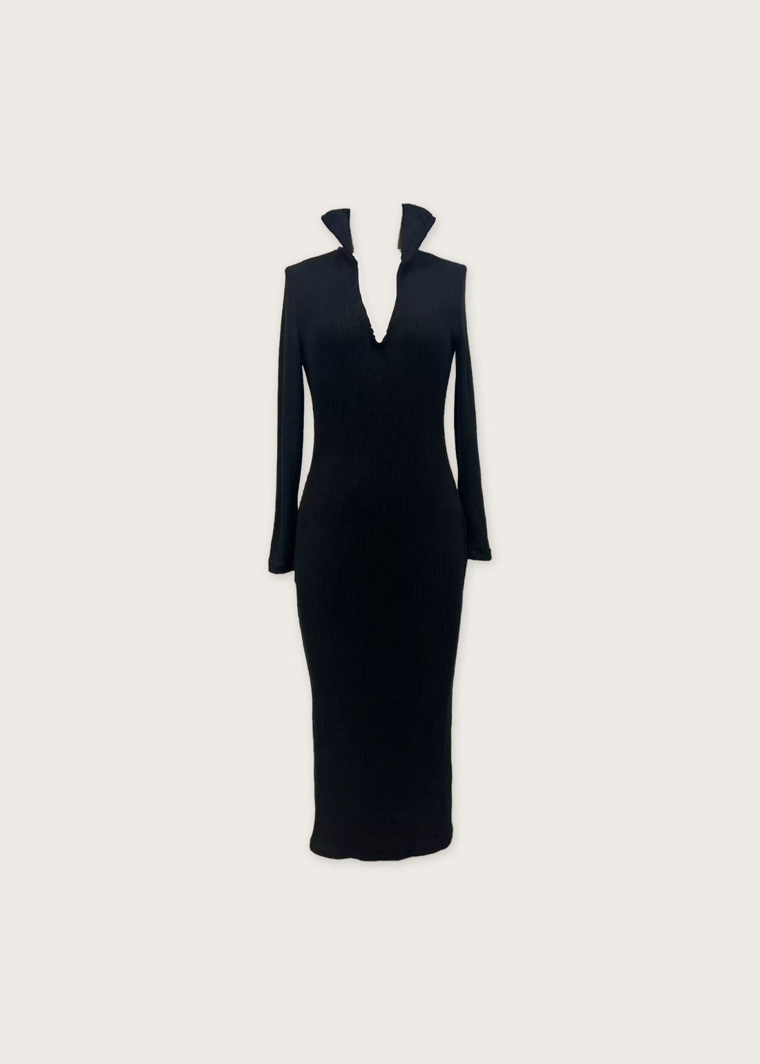 Ribbed V neck sweater dress, Black, front