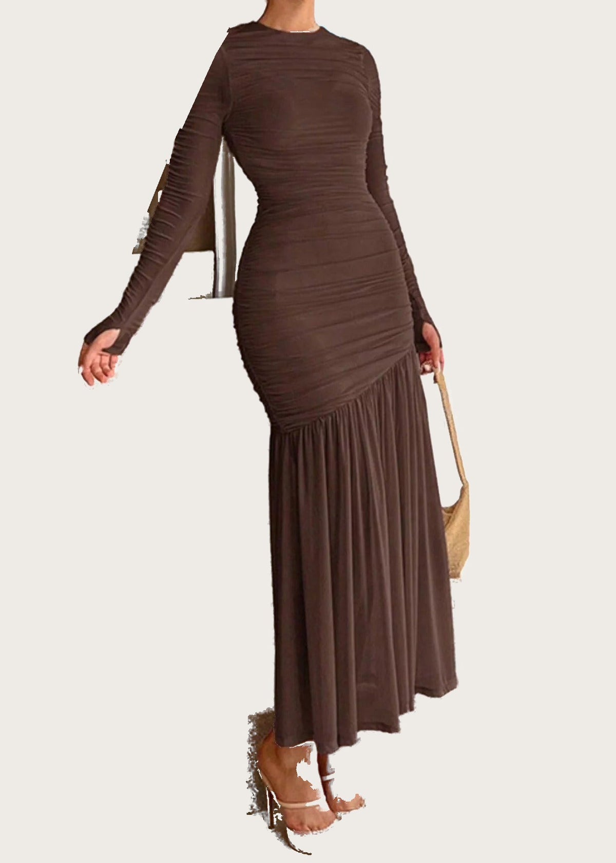 Ruched long sleeve midi dress, Brown, front
