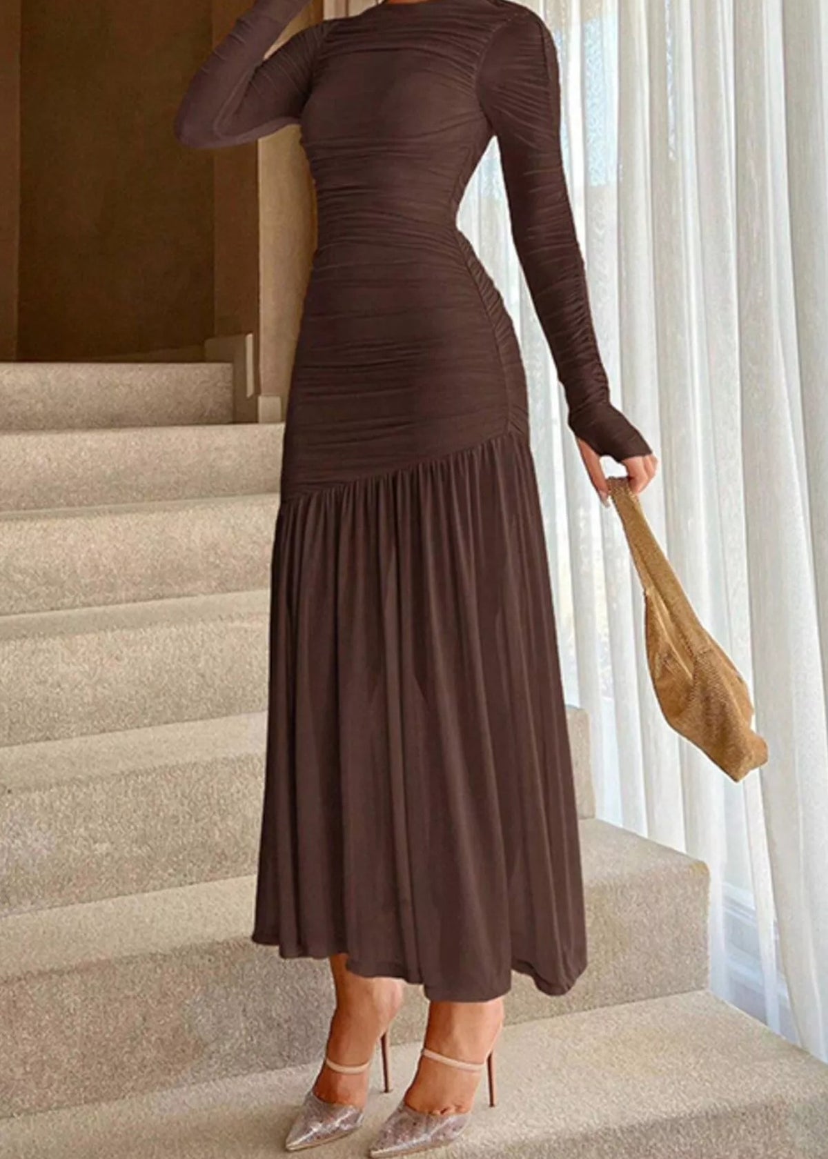 Ruched long sleeve midi dress, Brown, front