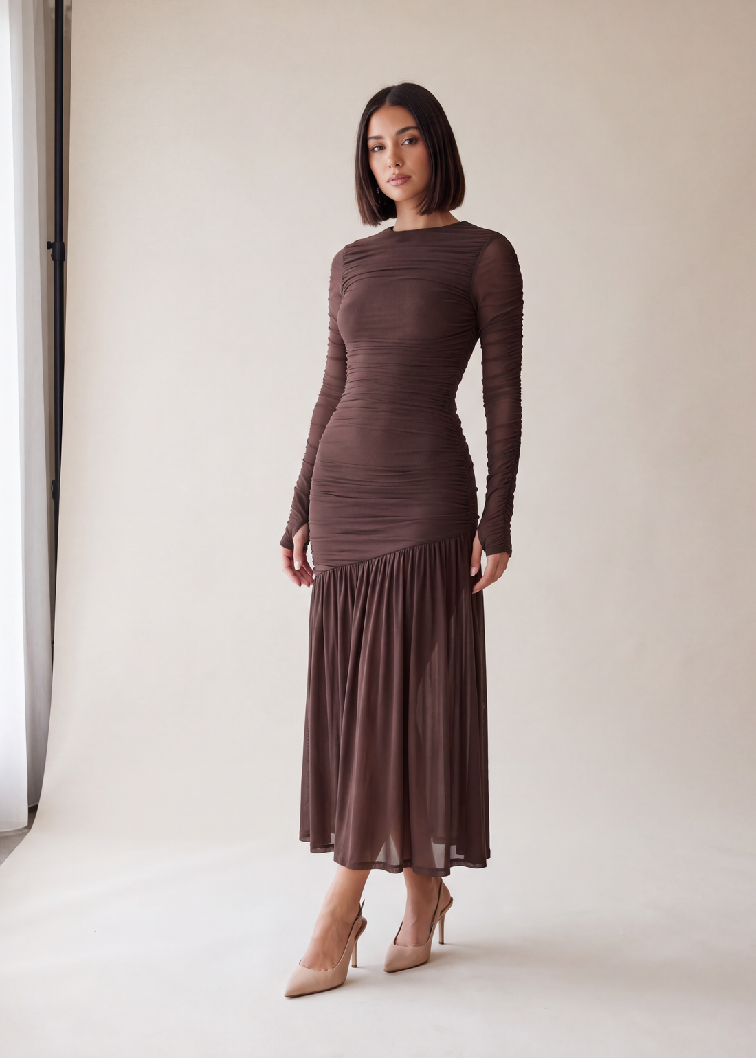 Ruched long sleeve midi dress, Brown, worn full length in the studio