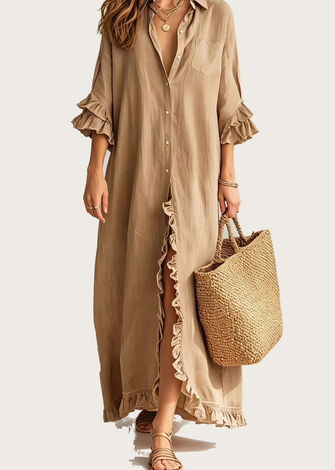 Ruffle trim maxi shirt dress, Khaki, front