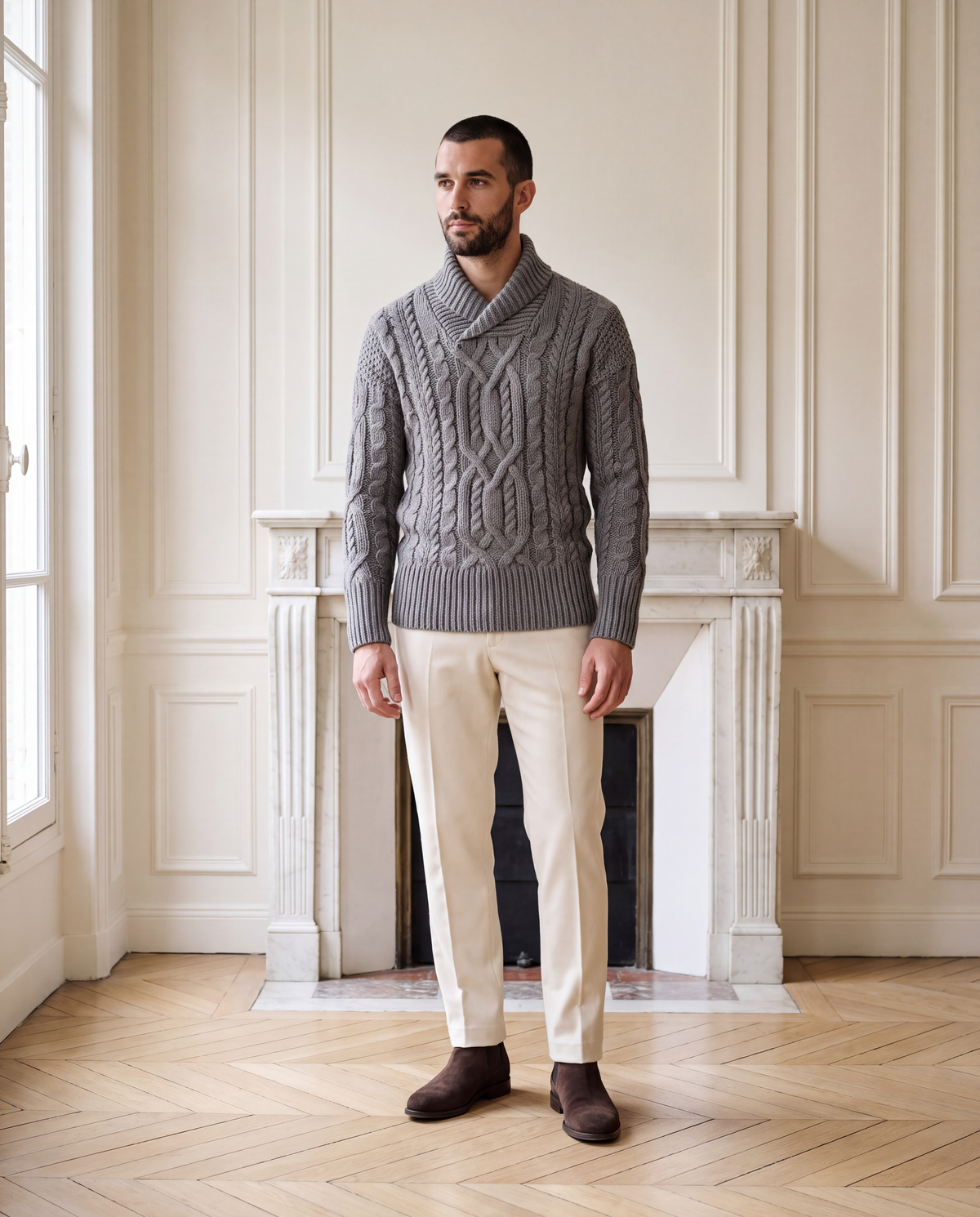 A man in the grey shawl collar cable knit sweater standing before a marble fireplace in a Paris salon