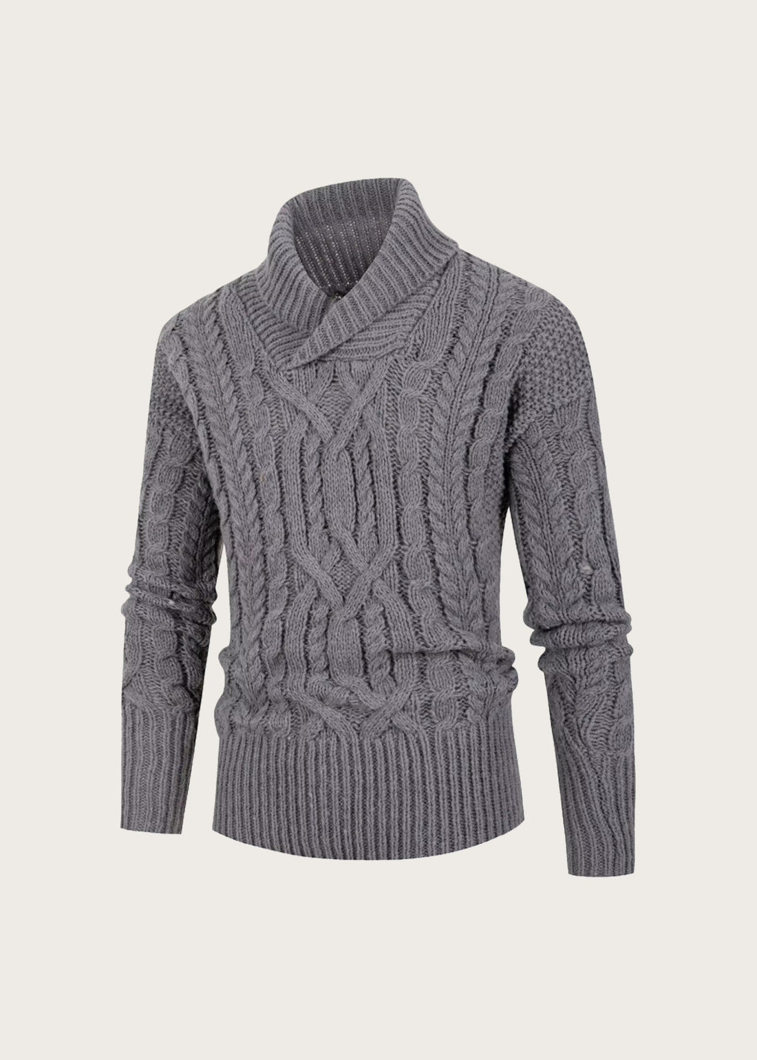 Shawl collar cable sweater, Grey, flat