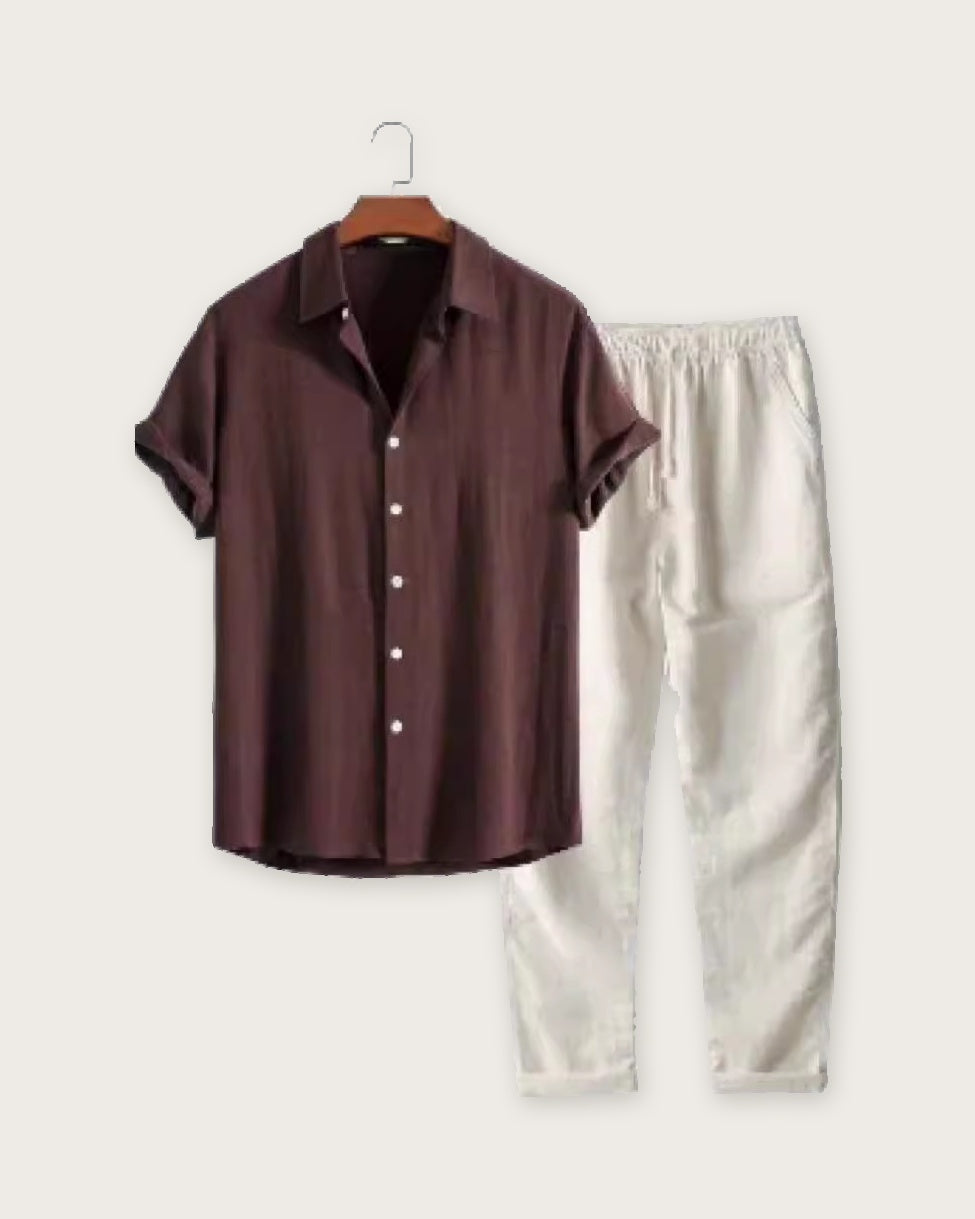 Short sleeve shirt and trouser set, Coffee brown, flat