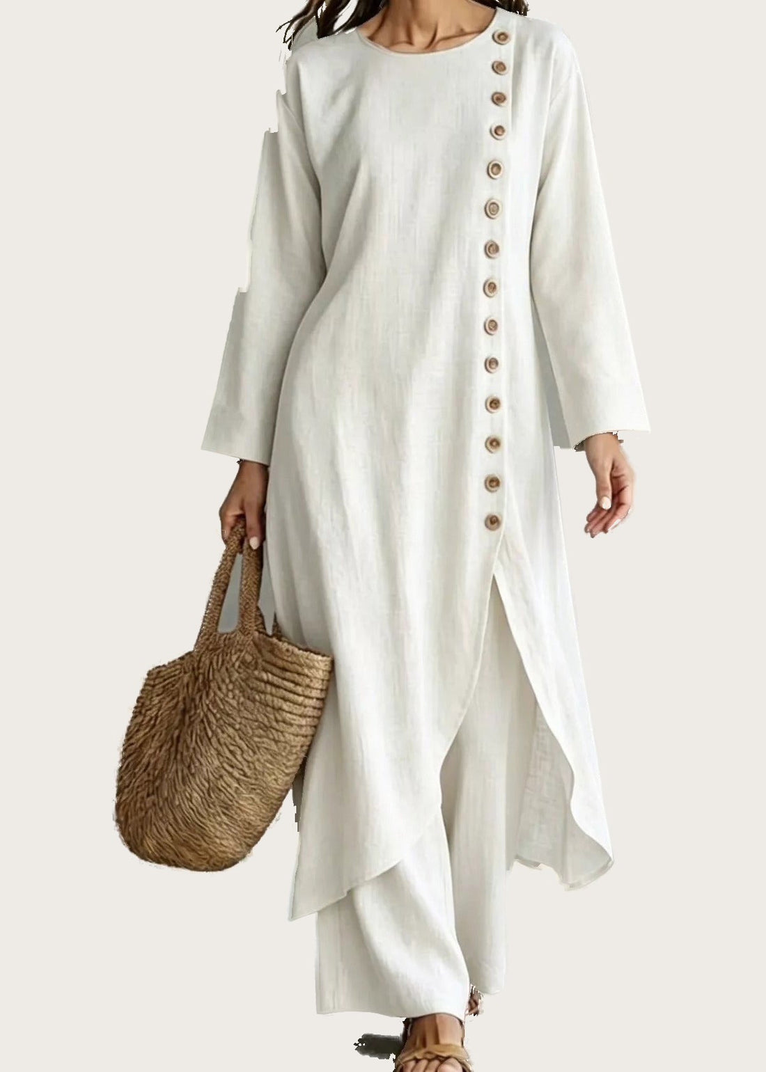 Side button tunic and trouser set, White, front