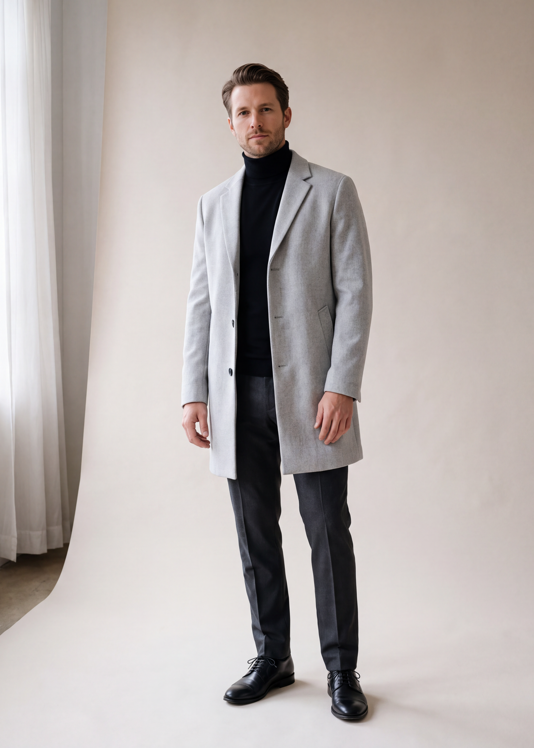 Slim fit lapel collar overcoat, Light gray, worn full length in the studio