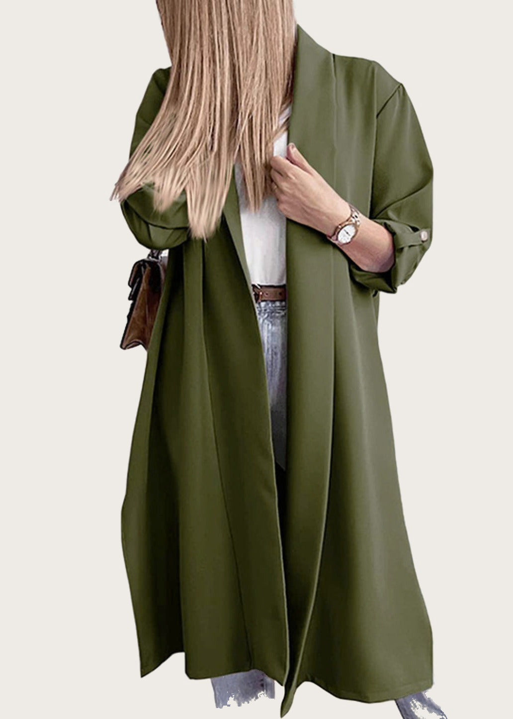 Open front trench coat, Army Green, front