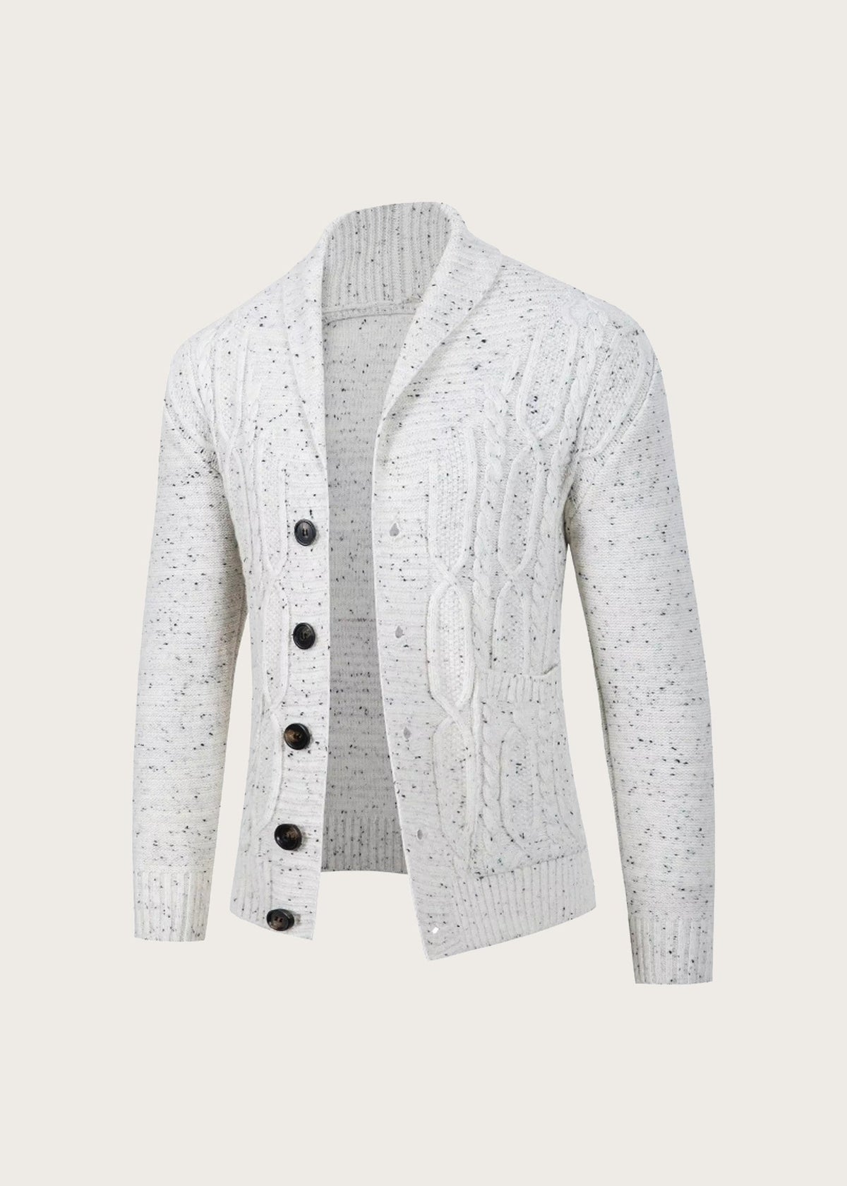 Speckled shawl collar cardigan, White, flat