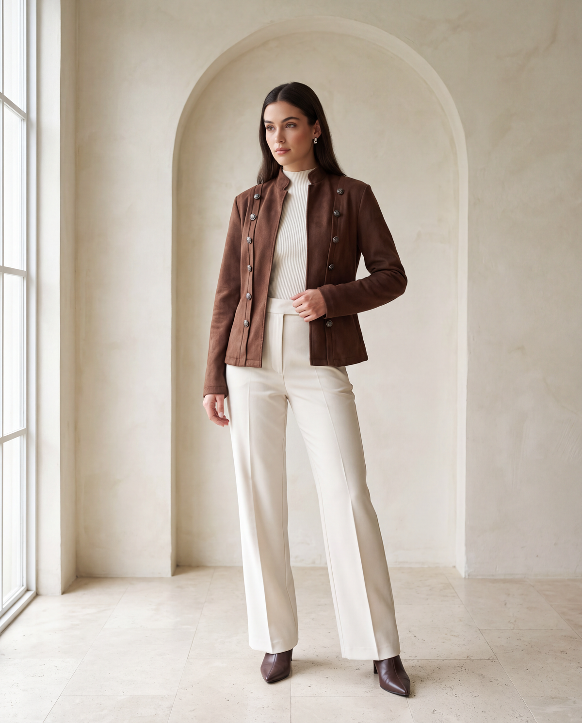 A woman in the coffee brown stand collar cropped jacket with two rows of antique silver buttons, worn open over an ivory rib knit with ecru wide leg trousers