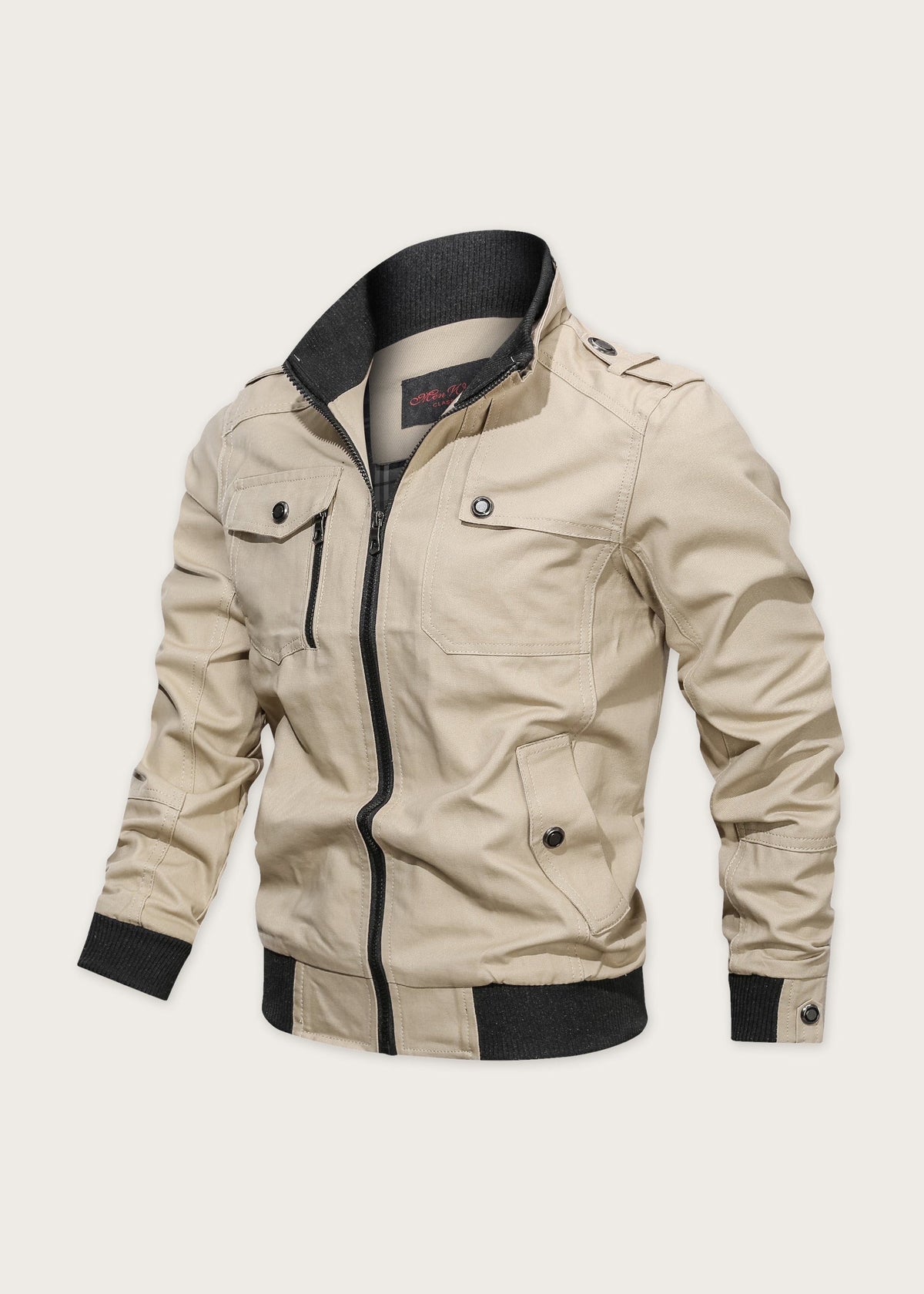 Stand collar field jacket, Khaki, front