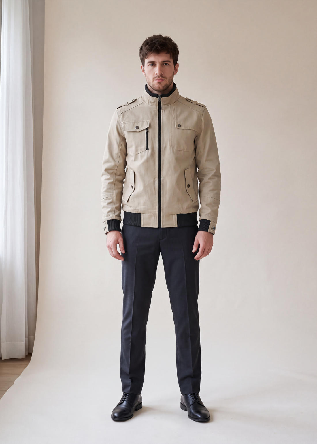 Stand collar field jacket, Khaki, worn full length in the studio