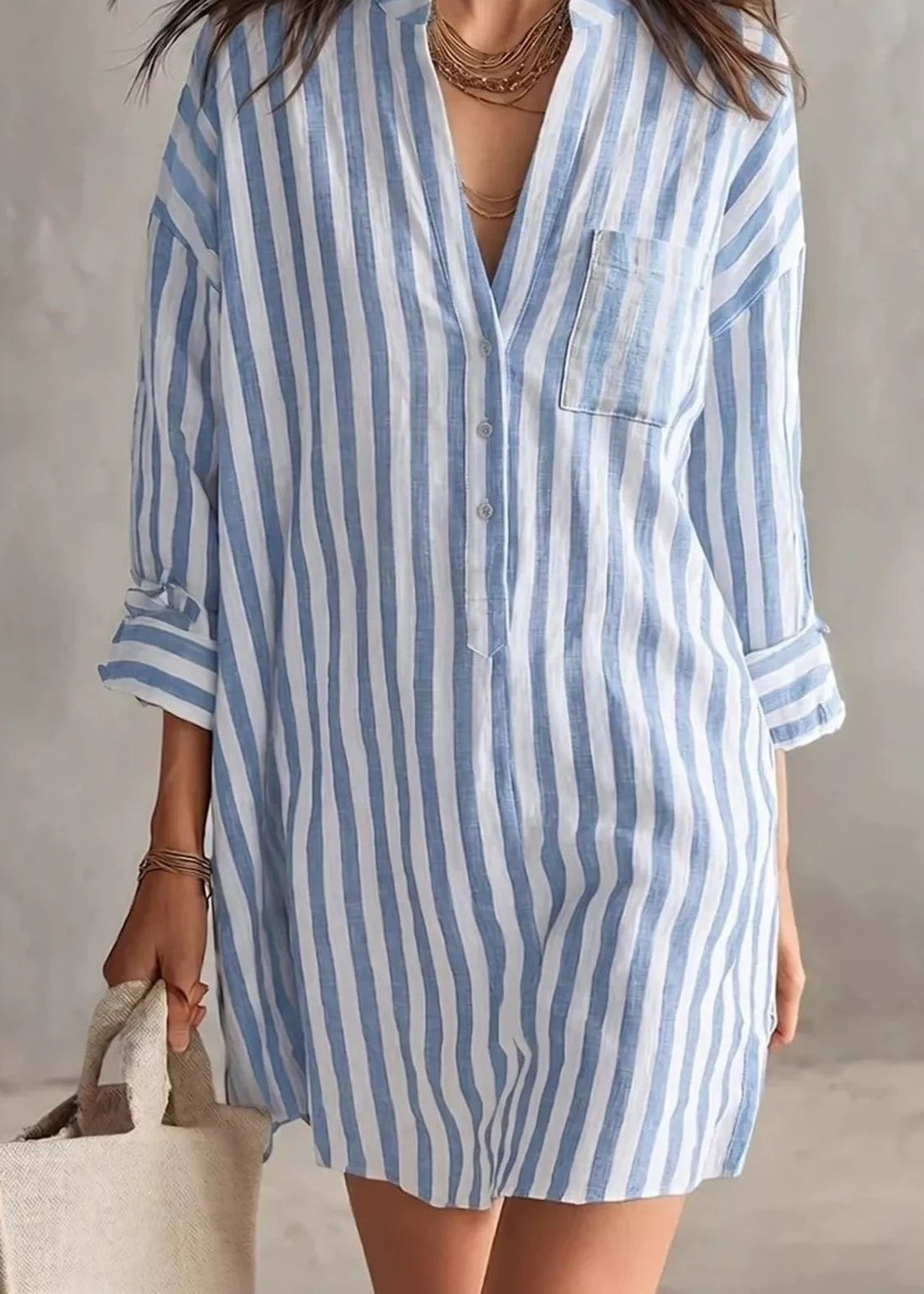 Striped 3/4 sleeve shirt dress, Blue, front
