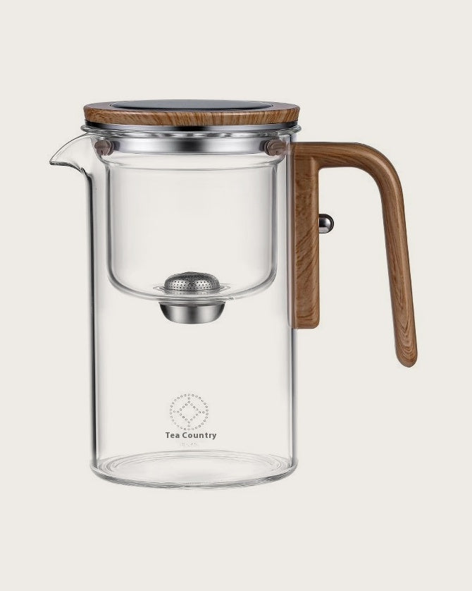 Glass tea maker, Clear, walnut handle, front
