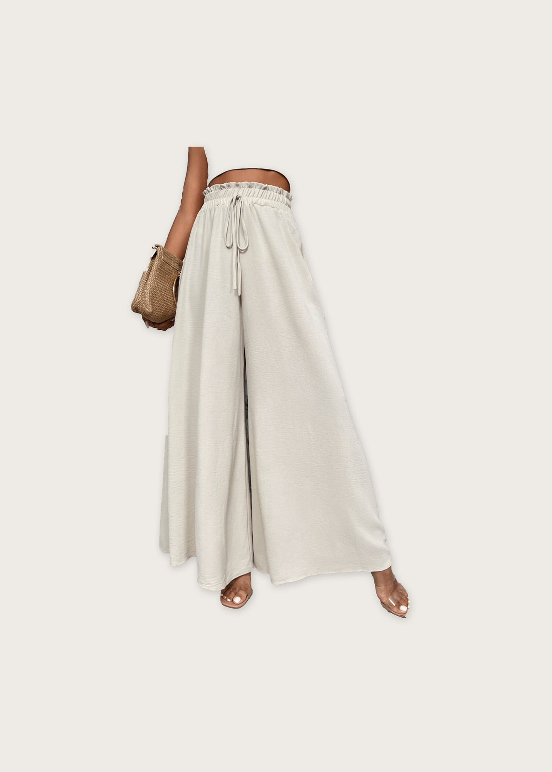 Tie waist wide leg trousers, Beige, front