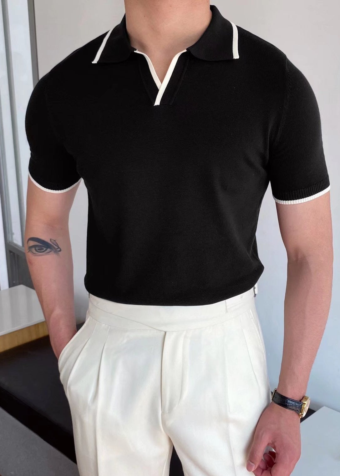Tipped knit polo, Black, front