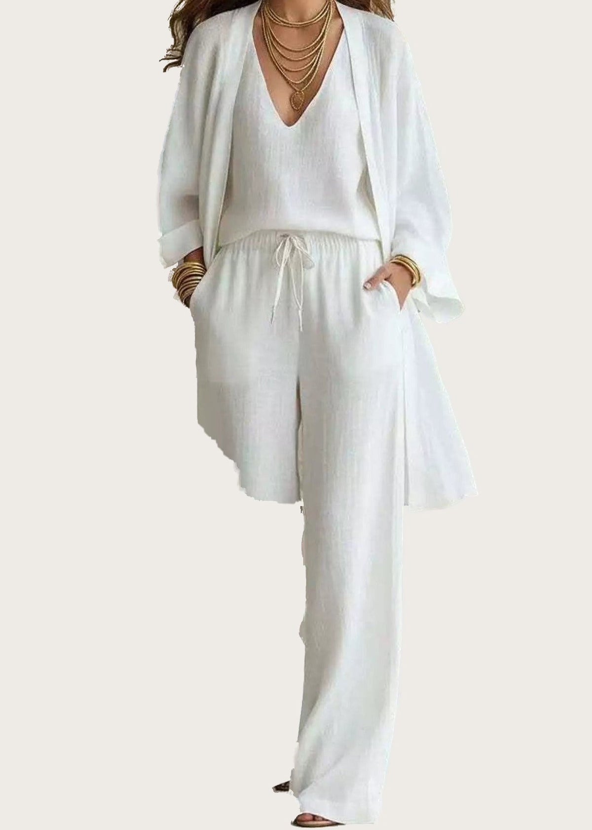Three piece set with open cardigan, White, front