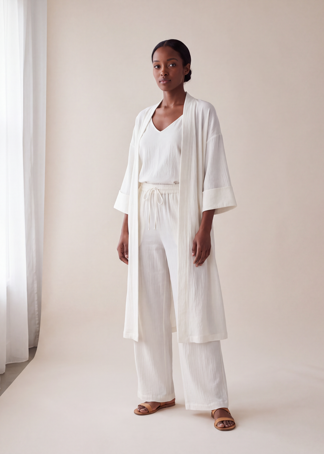 V neck top, cardigan and pants set, White, worn full length in the studio