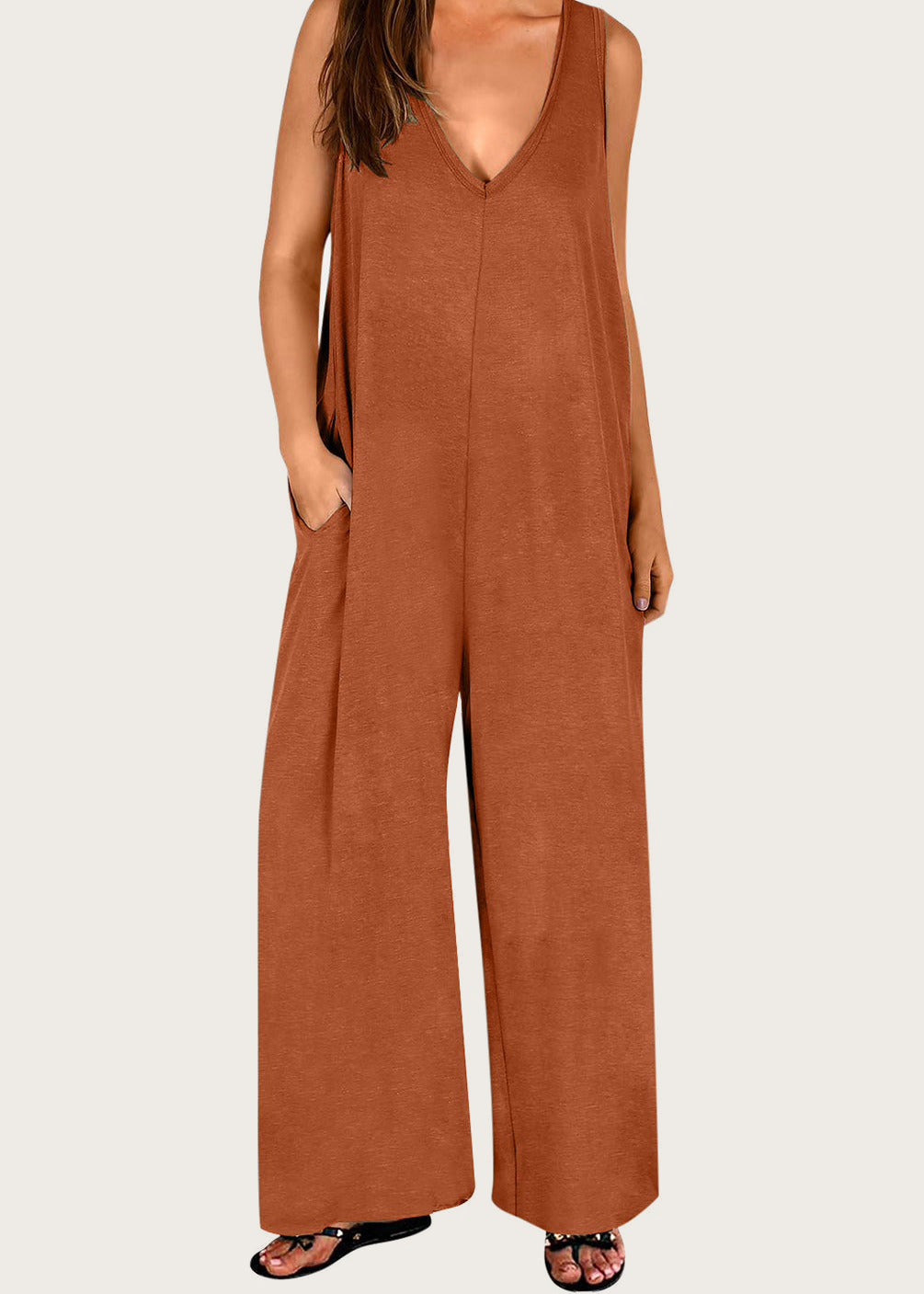 V neck wide strap jumpsuit, Caramel, front