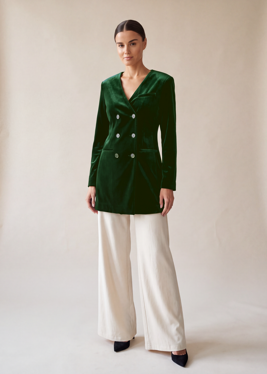 Velvet double breasted blazer dress, Dark Green, worn as a long blazer over the tie waist wide leg trousers (sold separately)