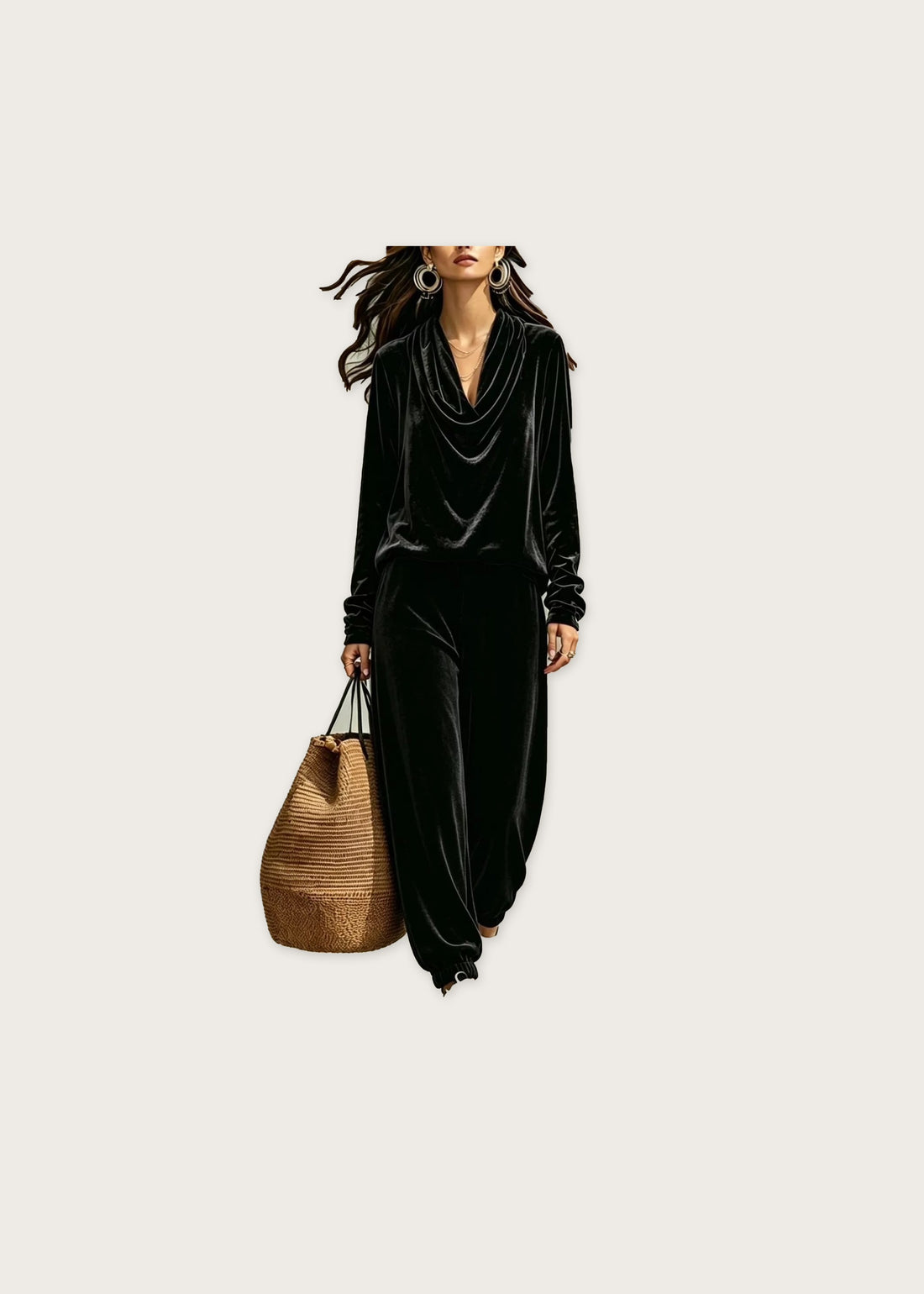 Velvet cowl neck set, Black, front