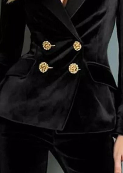Velvet blazer and flare trouser set, Black, button detail