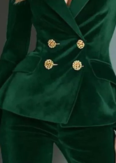 Velvet blazer and flare trouser set, Dark Green, button detail