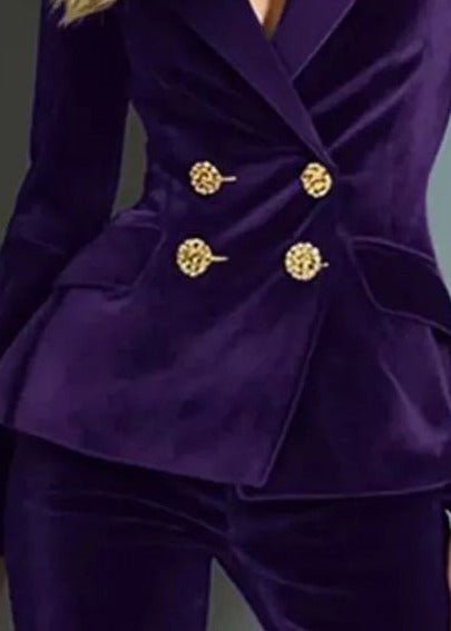 Velvet blazer and flare trouser set, Deep Purple, button detail