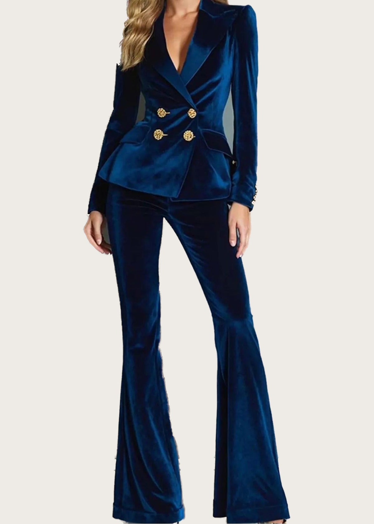 Velvet blazer and flare trouser set, Navy Blue, front