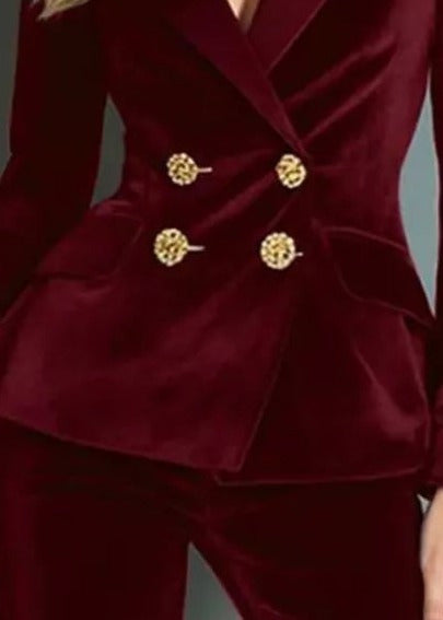 Velvet blazer and flare trouser set, Wine Red, button detail