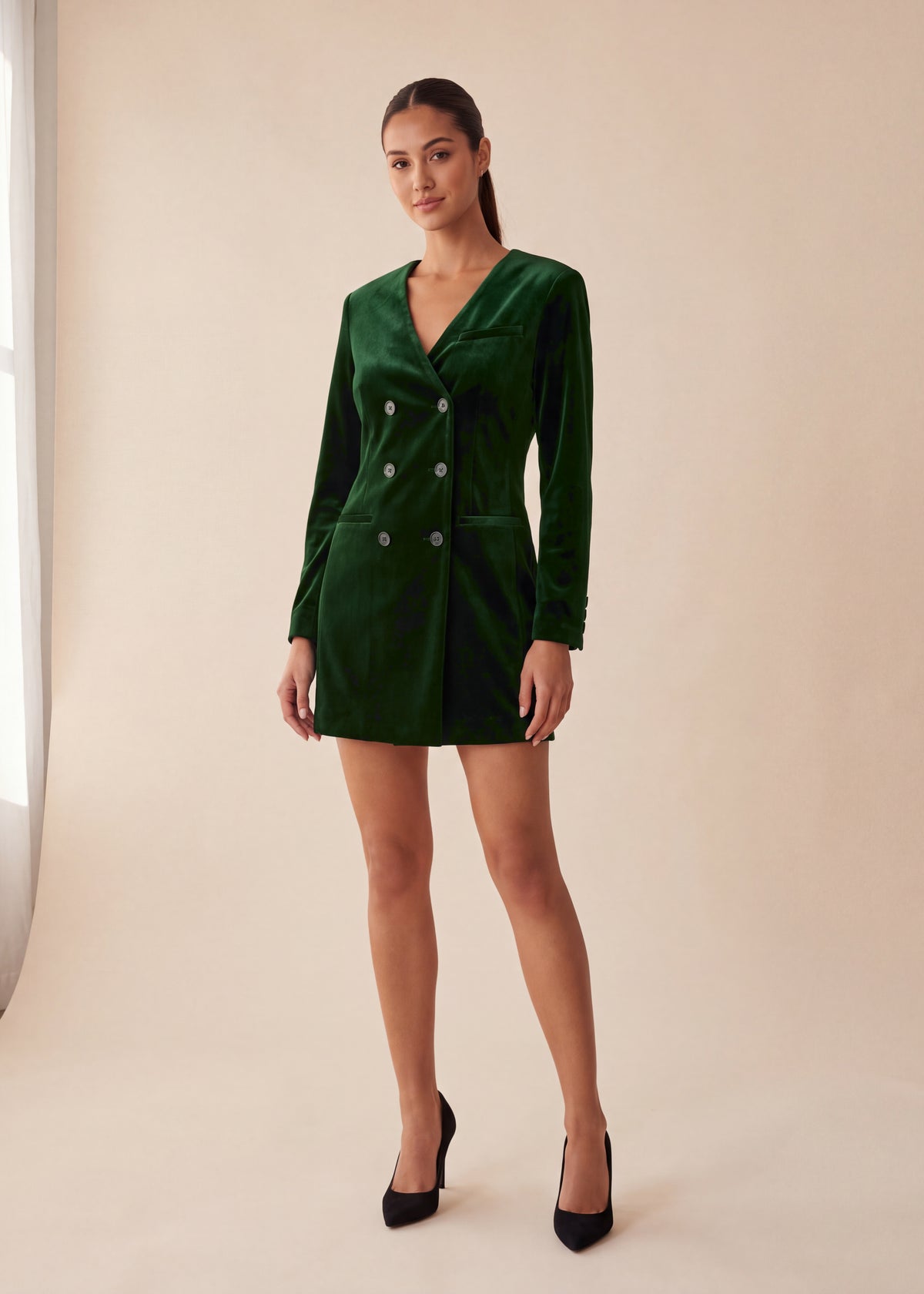 Velvet double breasted blazer dress, Dark Green, worn full length in the studio
