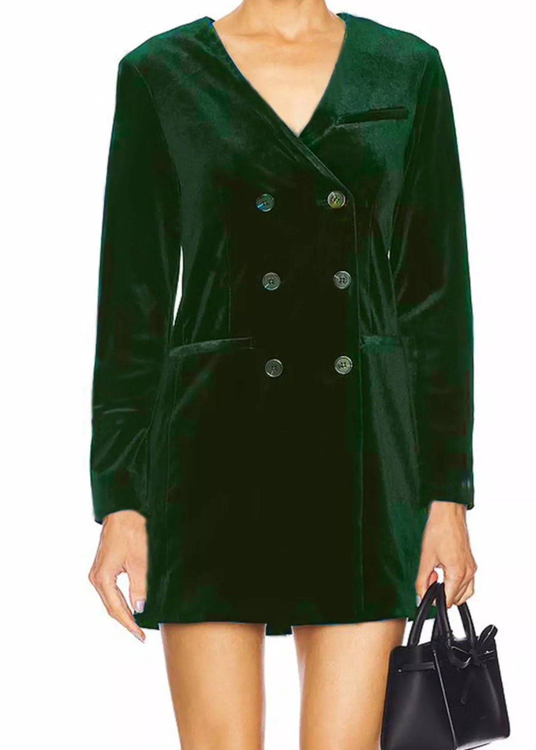 Velvet double breasted blazer dress, Dark Green, front