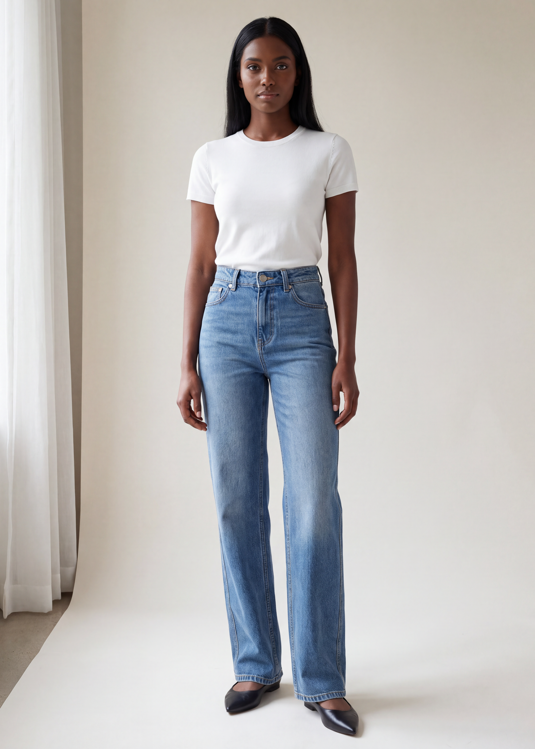 Washed straight leg jeans, Dark blue, worn full length in the studio